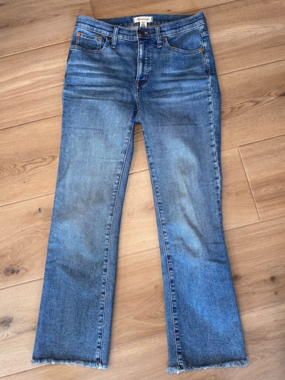 Madewell Sz 27T Mid-Rise Kick Out Jeans Raw Hem Flare Stretch Indigo Denim